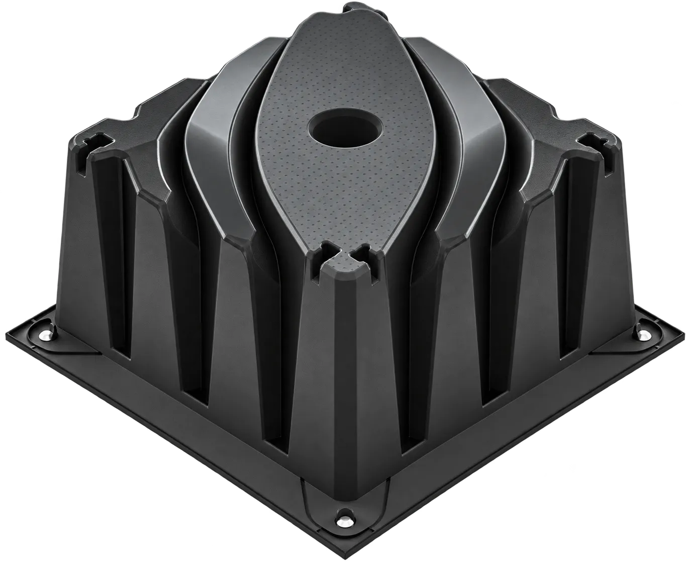 RPS void form: a black recycled-polypropylene box with curved fins that shape concrete into ribs and arches